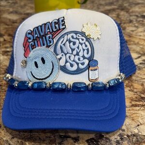 Blue and White Women's Cap with Patches